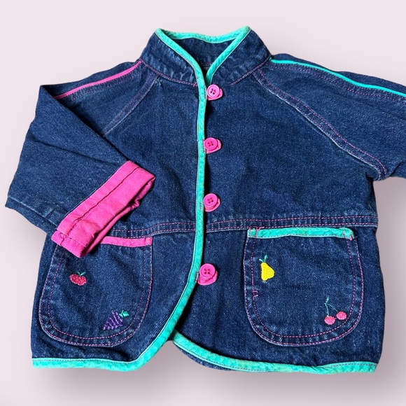Vintage Baby All Mine Denim Blazer Overall Set Flower Fruit Pink Teal Sz 12 M - Picture 10 of 16